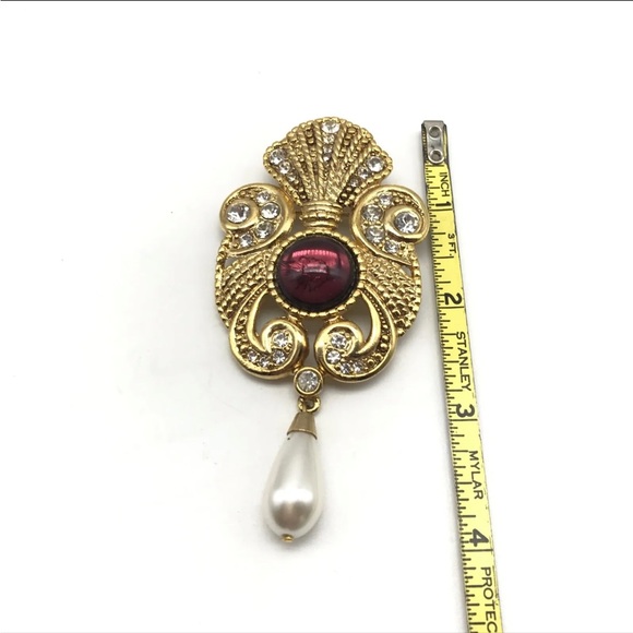 Vintage Jeff Lieb Signed Purple Cabochon Rhinestone Gold Tone Large Brooch Pin - Picture 2 of 3
